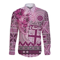 Vintage Bula Fiji Personalised Long Sleeve Button Shirt Pink Hibiscus Tapa Pattern