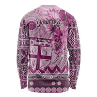 Vintage Bula Fiji Personalised Long Sleeve Shirt Pink Hibiscus Tapa Pattern LT9 - Polynesian Pride