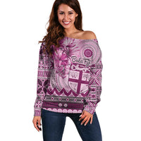 Vintage Bula Fiji Personalised Off Shoulder Sweater Pink Hibiscus Tapa Pattern LT9 Women Pink - Polynesian Pride