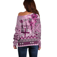 Vintage Bula Fiji Personalised Off Shoulder Sweater Pink Hibiscus Tapa Pattern LT9 - Polynesian Pride