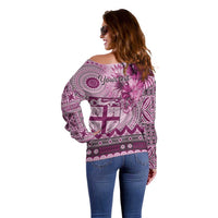 Vintage Bula Fiji Personalised Off Shoulder Sweater Pink Hibiscus Tapa Pattern LT9 - Polynesian Pride