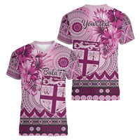 Vintage Bula Fiji Personalised Women V-Neck T-Shirt Pink Hibiscus Tapa Pattern