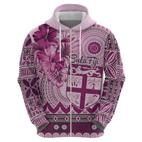 Vintage Bula Fiji Personalised Zip Hoodie Pink Hibiscus Tapa Pattern