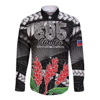 Personalised Samoa 685 Long Sleeve Button Shirt Teuila Flower With Black Samoan Tattoo LT9 Unisex Black - Polynesian Pride