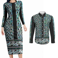 New Zealand Maori Niho Taniwha Couples Matching Long Sleeve Bodycon Dress and Long Sleeve Button Shirt Papua Shell - Mangopare Puhoro Pattern LT9 Green - Polynesian Pride