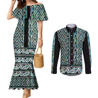 New Zealand Maori Niho Taniwha Couples Matching Mermaid Dress and Long Sleeve Button Shirt Papua Shell - Mangopare Puhoro Pattern