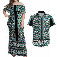 New Zealand Maori Niho Taniwha Couples Matching Off Shoulder Maxi Dress and Hawaiian Shirt Papua Shell - Mangopare Puhoro Pattern