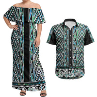 New Zealand Maori Niho Taniwha Couples Matching Off Shoulder Maxi Dress and Hawaiian Shirt Papua Shell - Mangopare Puhoro Pattern LT9 Green - Polynesian Pride
