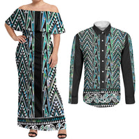 New Zealand Maori Niho Taniwha Couples Matching Off Shoulder Maxi Dress and Long Sleeve Button Shirt Papua Shell - Mangopare Puhoro Pattern LT9 Green - Polynesian Pride