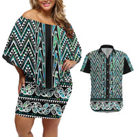 New Zealand Maori Niho Taniwha Couples Matching Off Shoulder Short Dress and Hawaiian Shirt Papua Shell - Mangopare Puhoro Pattern