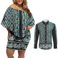 New Zealand Maori Niho Taniwha Couples Matching Off Shoulder Short Dress and Long Sleeve Button Shirt Papua Shell - Mangopare Puhoro Pattern LT9 Green - Polynesian Pride