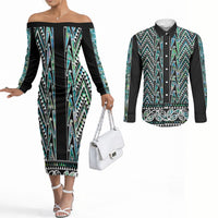 New Zealand Maori Niho Taniwha Couples Matching Off The Shoulder Long Sleeve Dress and Long Sleeve Button Shirt Papua Shell - Mangopare Puhoro Pattern LT9 Green - Polynesian Pride