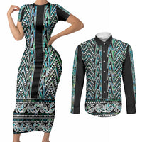 New Zealand Maori Niho Taniwha Couples Matching Short Sleeve Bodycon Dress and Long Sleeve Button Shirt Papua Shell - Mangopare Puhoro Pattern LT9 Green - Polynesian Pride
