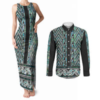 New Zealand Maori Niho Taniwha Couples Matching Tank Maxi Dress and Long Sleeve Button Shirt Papua Shell - Mangopare Puhoro Pattern LT9 Green - Polynesian Pride