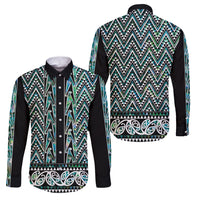 New Zealand Maori Niho Taniwha Family Matching Off Shoulder Short Dress and Hawaiian Shirt Papua Shell - Mangopare Puhoro Pattern LT9 Dad's Shirt - Long Sleeve Green - Polynesian Pride