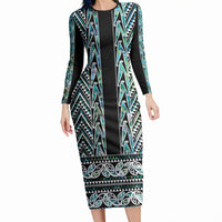 New Zealand Maori Niho Taniwha Long Sleeve Bodycon Dress Papua Shell - Mangopare Puhoro Pattern LT9 Long Dress Green - Polynesian Pride
