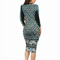 New Zealand Maori Niho Taniwha Long Sleeve Bodycon Dress Papua Shell - Mangopare Puhoro Pattern LT9 - Polynesian Pride