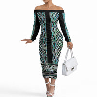 New Zealand Maori Niho Taniwha Off The Shoulder Long Sleeve Dress Papua Shell - Mangopare Puhoro Pattern LT9 Women Green - Polynesian Pride