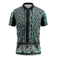 New Zealand Maori Niho Taniwha Zipper Polo Shirt Papua Shell - Mangopare Puhoro Pattern LT9 Green - Polynesian Pride