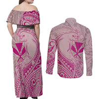 Hawaii Monk Seal and Map Couples Matching Off Shoulder Maxi Dress and Long Sleeve Button Shirt Polynesian Kanaka Maoli Pink Vibe