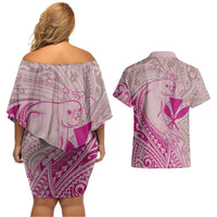 Hawaii Monk Seal and Map Couples Matching Off Shoulder Short Dress and Hawaiian Shirt Polynesian Kanaka Maoli Pink Vibe