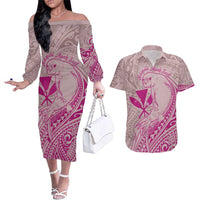 Hawaii Monk Seal and Map Couples Matching Off The Shoulder Long Sleeve Dress and Hawaiian Shirt Polynesian Kanaka Maoli Pink Vibe