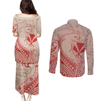 Hawaii Monk Seal and Map Couples Matching Puletasi and Long Sleeve Button Shirt Polynesian Kanaka Maoli Red Vibe