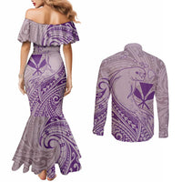 Hawaii Monk Seal and Map Couples Matching Mermaid Dress and Long Sleeve Button Shirt Polynesian Kanaka Maoli Violet Vibe