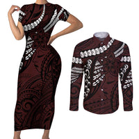 Polynesian Girl Tribal Tattoo Couples Matching Short Sleeve Bodycon Dress and Long Sleeve Button Shirt Oxbood Vibe