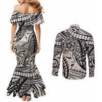 Polynesian Girl Tribal Tattoo Couples Matching Mermaid Dress and Long Sleeve Button Shirt Beige Vibe