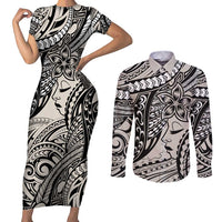 Polynesian Girl Tribal Tattoo Couples Matching Short Sleeve Bodycon Dress and Long Sleeve Button Shirt Beige Vibe