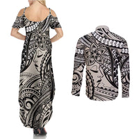 Polynesian Girl Tribal Tattoo Couples Matching Summer Maxi Dress and Long Sleeve Button Shirt Beige Vibe