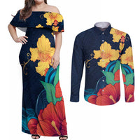 Polynesian Hibiscus Flower Waves Pattern Couples Matching Off Shoulder Maxi Dress and Long Sleeve Button Shirt