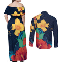 Polynesian Hibiscus Flower Waves Pattern Couples Matching Off Shoulder Maxi Dress and Long Sleeve Button Shirt