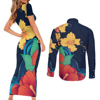 Polynesian Hibiscus Flower Waves Pattern Couples Matching Short Sleeve Bodycon Dress and Long Sleeve Button Shirt