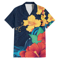 Polynesian Hibiscus Flower Waves Pattern Family Matching Mermaid Dress and Hawaiian Shirt LT9 Dad's Shirt - Short Sleeve Dark Blue - Polynesian Pride