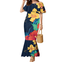 Polynesian Hibiscus Flower Waves Pattern Family Matching Mermaid Dress and Hawaiian Shirt LT9 Mom's Dress Dark Blue - Polynesian Pride