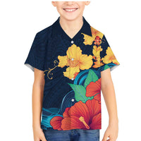 Polynesian Hibiscus Flower Waves Pattern Family Matching Mermaid Dress and Hawaiian Shirt LT9 Son's Shirt Dark Blue - Polynesian Pride