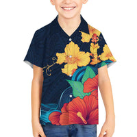Polynesian Hibiscus Flower Waves Pattern Family Matching Summer Maxi Dress and Hawaiian Shirt LT9 Son's Shirt Dark Blue - Polynesian Pride