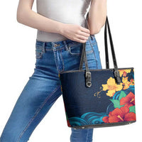 Polynesian Hibiscus Flower Waves Pattern Leather Tote Bag