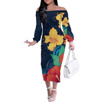 Polynesian Hibiscus Flower Waves Pattern Off The Shoulder Long Sleeve Dress