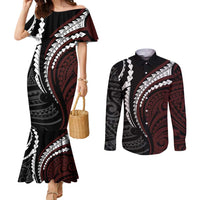 Polynesian Oxblood Line Art Tribal Tattoo Couples Matching Mermaid Dress and Long Sleeve Button Shirt