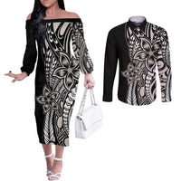 Polynesian Plumeria Floral Tattoo Pattern Couples Matching Off The Shoulder Long Sleeve Dress and Long Sleeve Button Shirt Beige Style