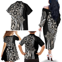 Polynesian Plumeria Floral Tattoo Pattern Family Matching Off The Shoulder Long Sleeve Dress and Hawaiian Shirt Beige Style