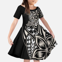 Polynesian Plumeria Floral Tattoo Pattern Kid Short Sleeve Dress Beige Style