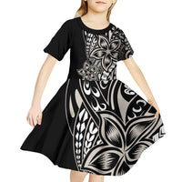 Polynesian Plumeria Floral Tattoo Pattern Kid Short Sleeve Dress Beige Style