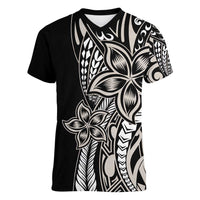 Polynesian Plumeria Floral Tattoo Pattern Women V-Neck T-Shirt Beige Style