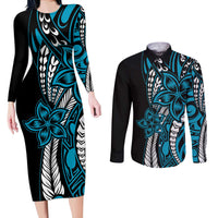 Polynesian Plumeria Floral Tattoo Pattern Couples Matching Long Sleeve Bodycon Dress and Long Sleeve Button Shirt Bllue Style