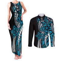 Polynesian Plumeria Floral Tattoo Pattern Couples Matching Tank Maxi Dress and Long Sleeve Button Shirt Bllue Style