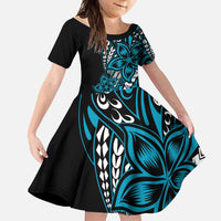 Polynesian Plumeria Floral Tattoo Pattern Family Matching Mermaid Dress and Hawaiian Shirt Blue Style LT9 Daughter's Dress Blue - Polynesian Pride